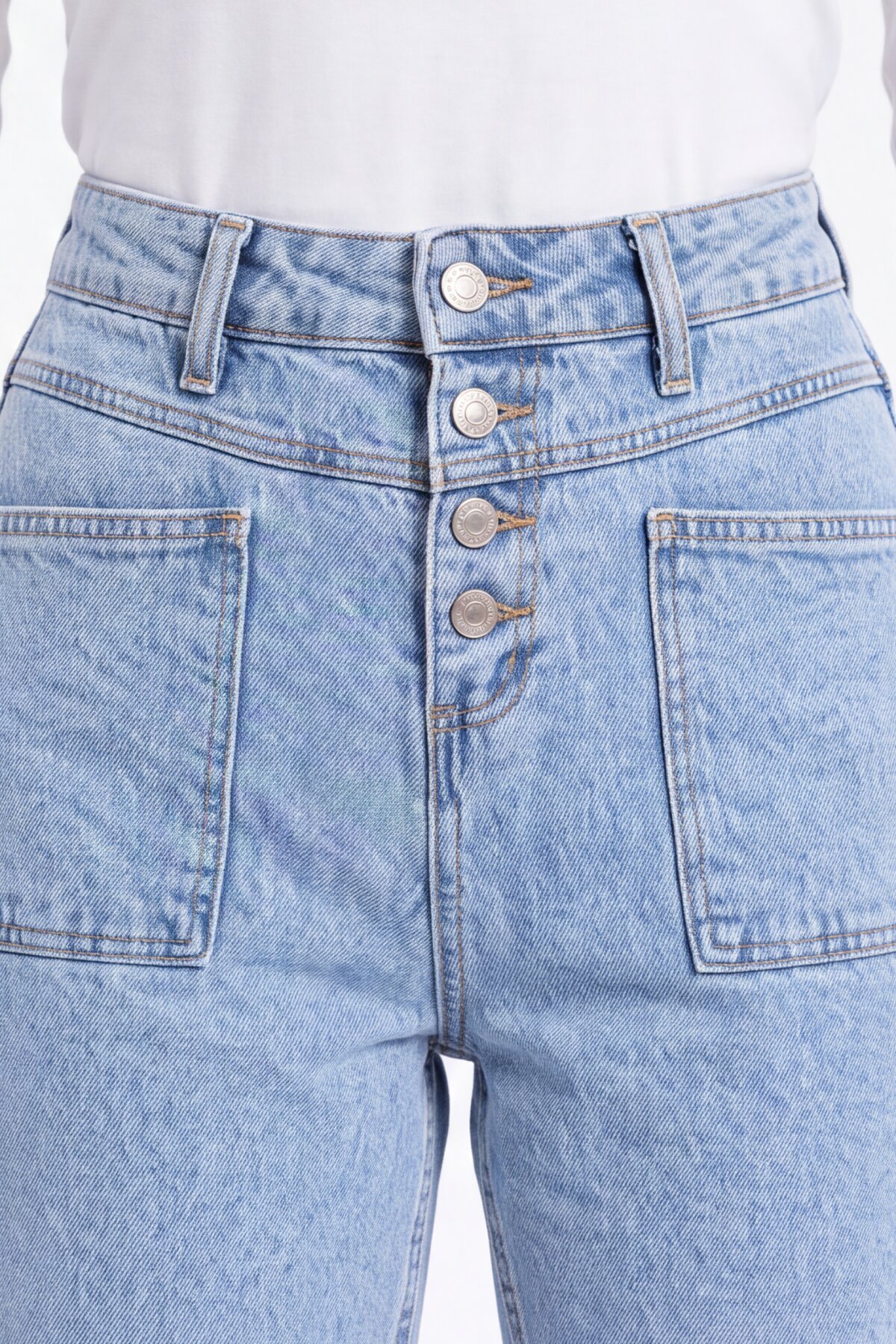 Mom Fit Appliqué Pocket Denim Pants - Blue - Shirosa