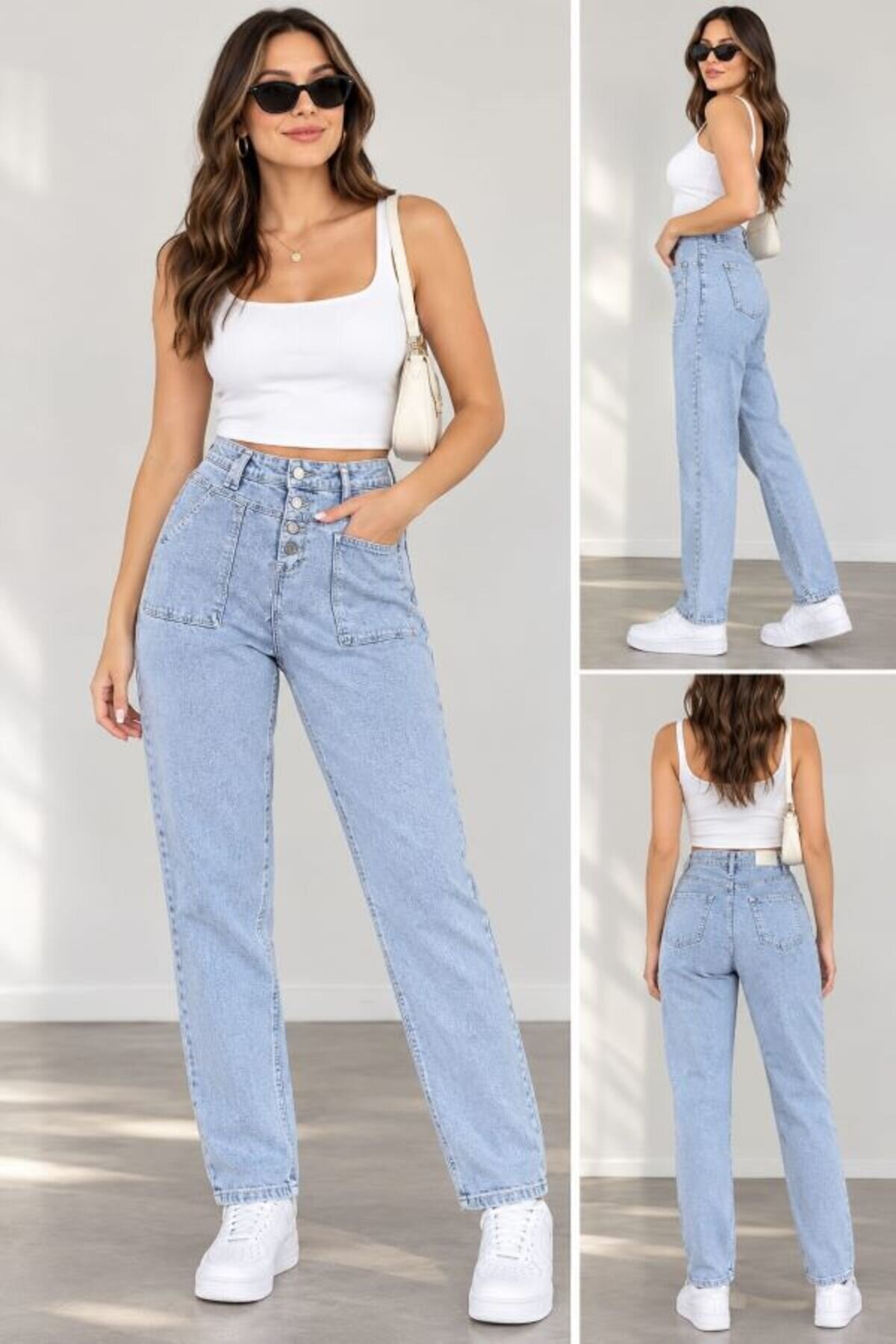 Mom Fit Appliqué Pocket Denim Pants - Blue - Shirosa