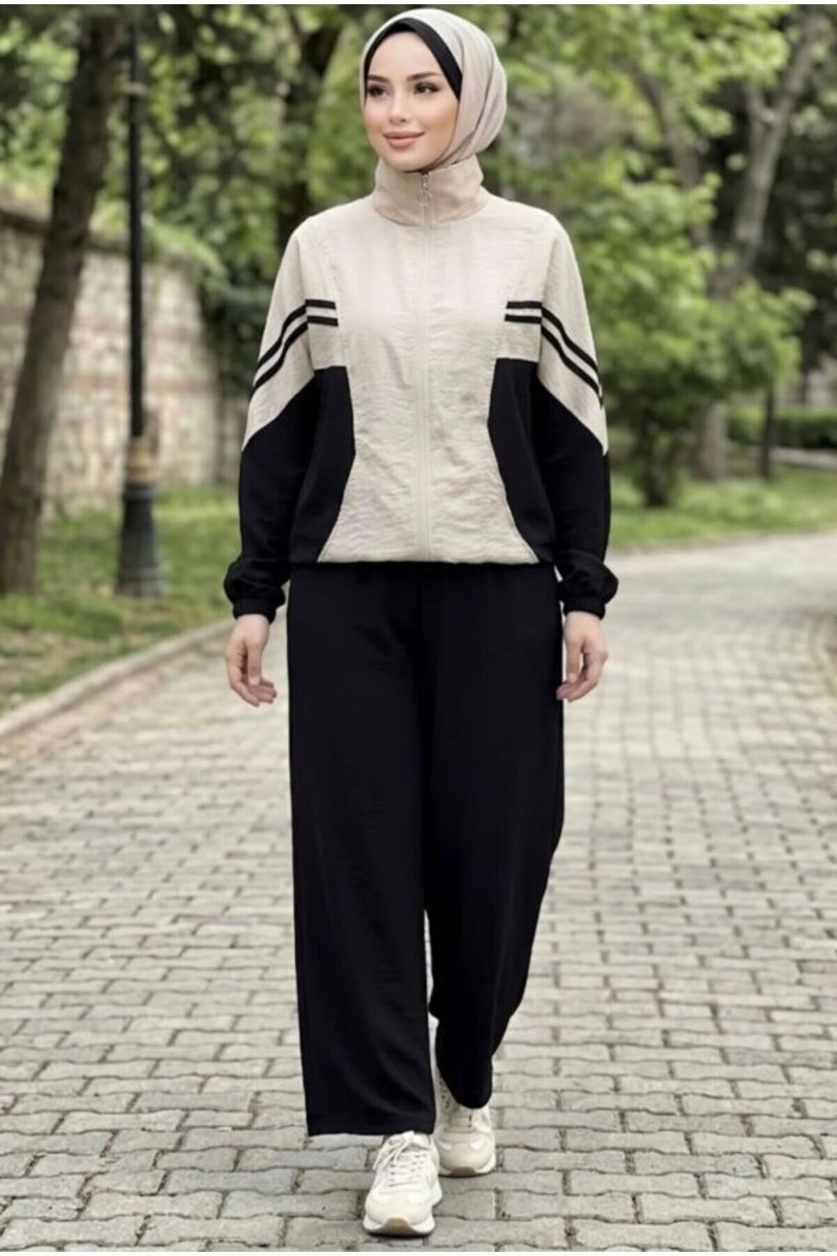 Piping-Detail Modest Co-ord Set - Black - Shirosa
