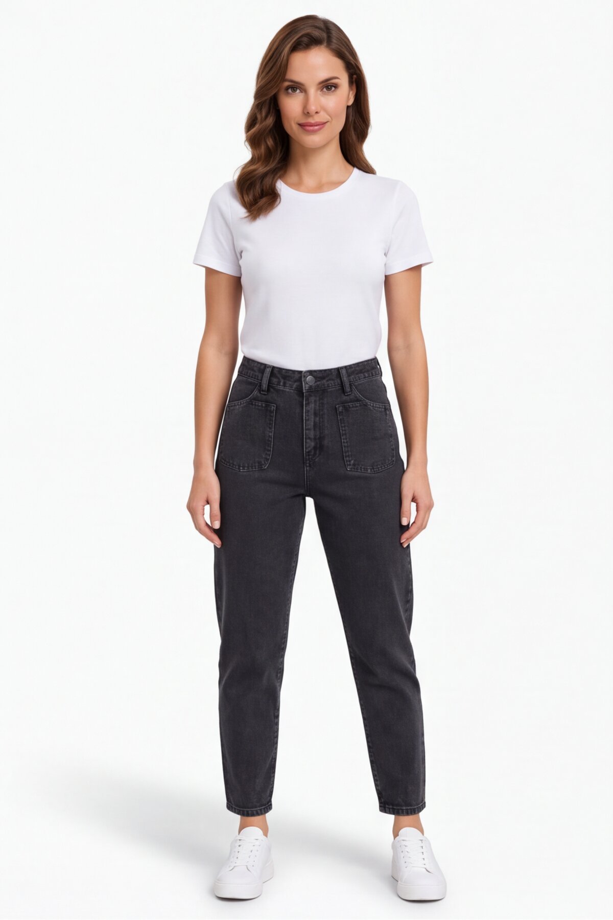 Mom Fit Applique Pocket Denim Pants - Black - Shirosa
