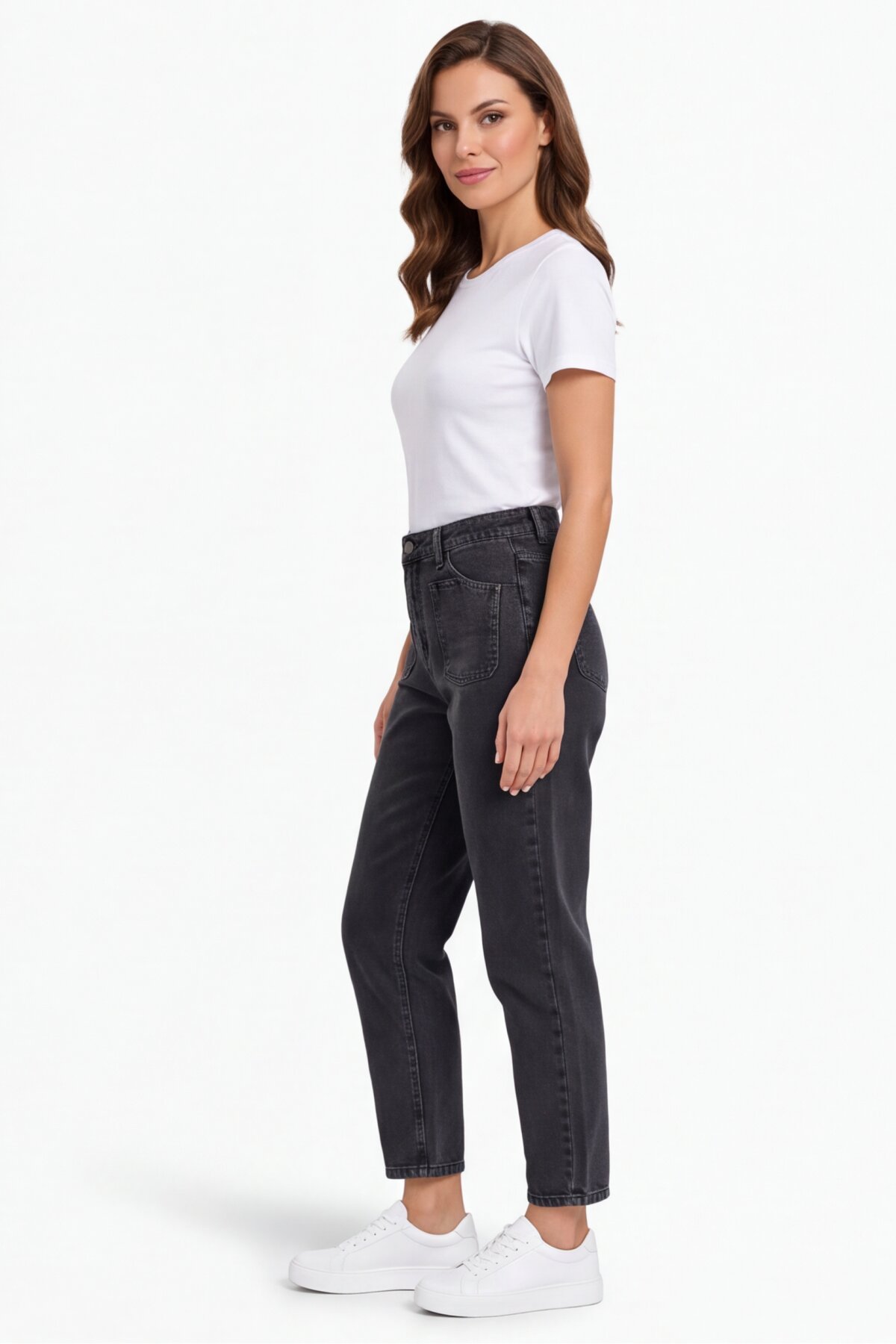 Mom Fit Applique Pocket Denim Pants - Black - Shirosa