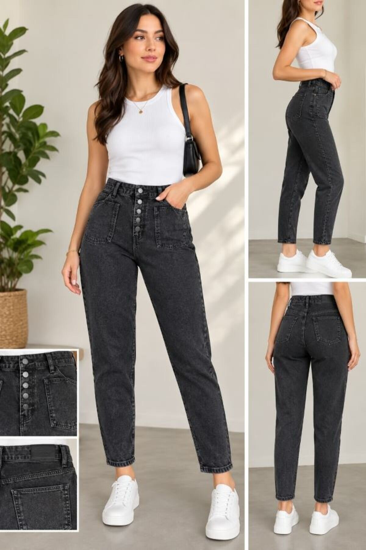 Mom Fit Applique Pocket Denim Pants - Black - Shirosa