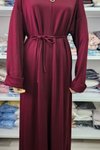 Bordo Bisiklet Yaka Kuşaklı Elbise