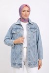 Açık Mavi Taş İşlemeli Denim Kot Ceket