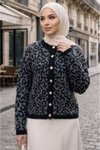 Leopard Patterned Eyelash Knit Cardigan - Grey