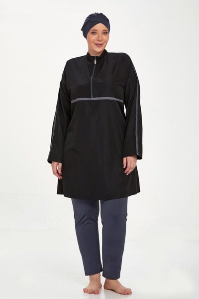 Full Length Plus Size Full Coverage Burkini - Black - Adasea