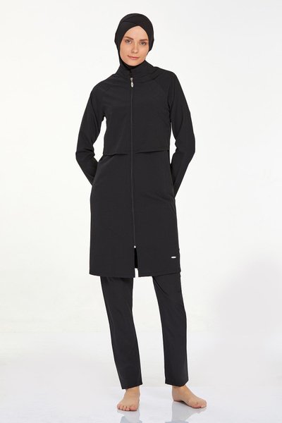 Plus Size Lycra Full Coverage Burkini - Black - Adasea