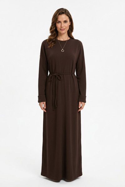 Crew Neck Oysho Fabric Belted Dress - Dark Brown - Dimar Butik