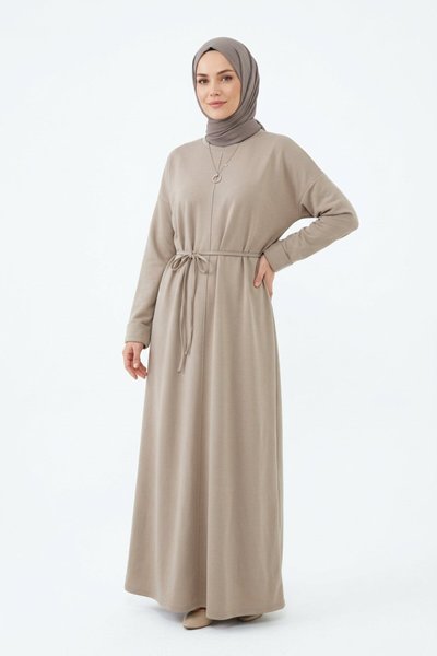 Bej Oysho Kumaş Bisiklet Yaka Kuşaklı Elbise - Dimar Butik