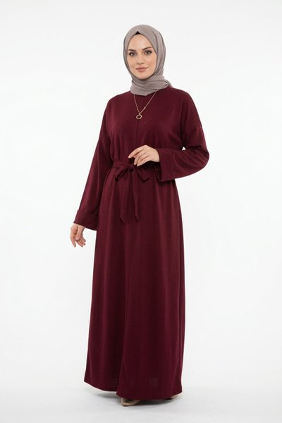 Bordo Bisiklet Yaka Kuşaklı Elbise - Dimar Butik