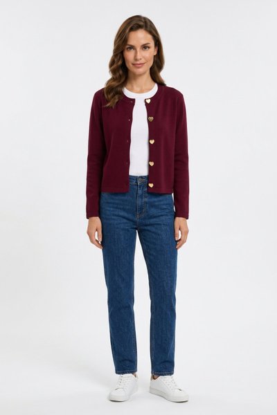 Heart Button Knit Cardigan - Claret Red - Dimar Butik