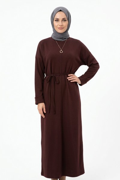 Koyu Bordo Acı Kahve Bisiklet Yaka Kuşaklı Oysho Kumaş Elbise - Dimar Butik