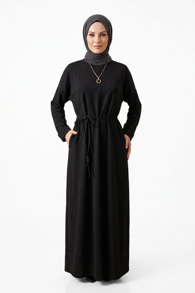 فستان أسود قماش أويشو بياقة مستديرة وحزام - Dimar Butik