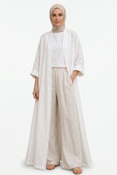 Beyaz Bohemian Uzun Cepsiz Keten Kaftan & Kap - EREN STYLE