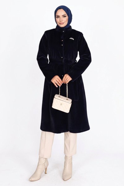 High Neck Belted Brooch Detail Winter Coat - Navy Blue - Modamihram