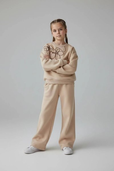 Floral Embroidered Elegant Girls' Set - Beige - Pafim Kids