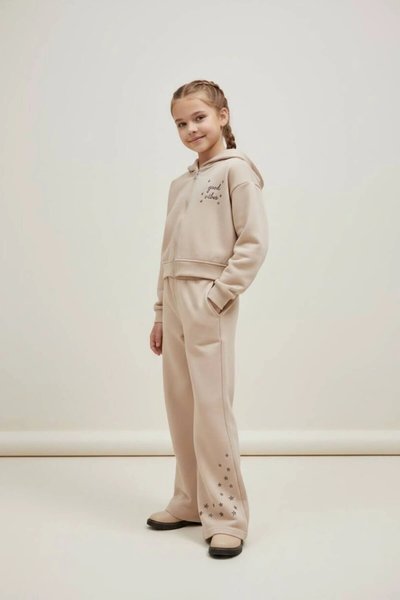 Hooded Star-Embroidered Zippered Tracksuit Girls' Set - Beige - Pafim Kids