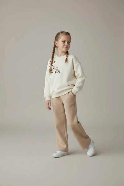 3-Thread Flower-Embroidered Cotton Girls' Tracksuit Set - Ecru-Beige - Pafim Kids