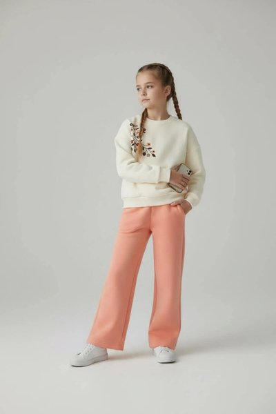 3-Thread Cotton Flower Embroidered Girls' Tracksuit Set - Ecru-Orange - Pafim Kids