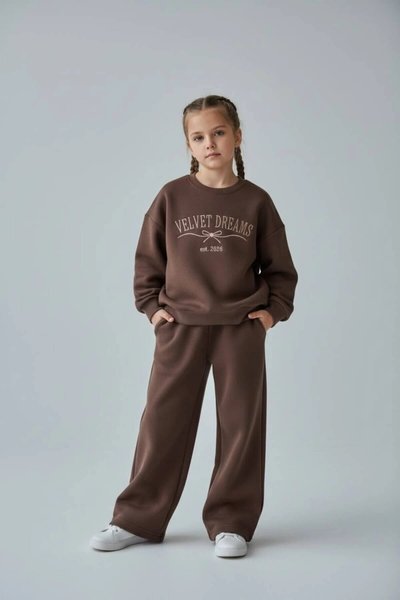 Embroidered Cotton Tracksuit Set - Brown - Pafim Kids