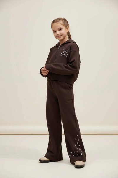 Zipped Hooded Star Embroidered Tracksuit Set - Brown - Pafim Kids
