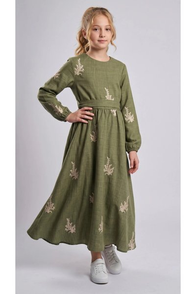 Embroidered Belted Special Occasion Girls' Dress - Green - Pafim Kids