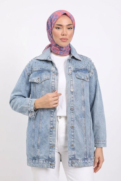 Açık Mavi Taş İşlemeli Denim Kot Ceket - Shirosa
