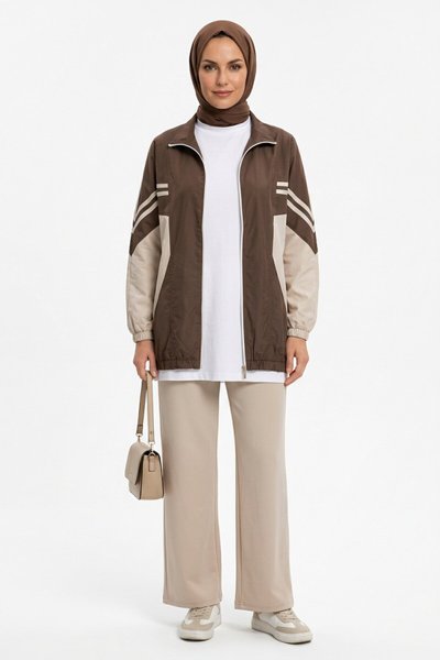 Piping-Detail Modest Co-ord Set - Beige - Shirosa