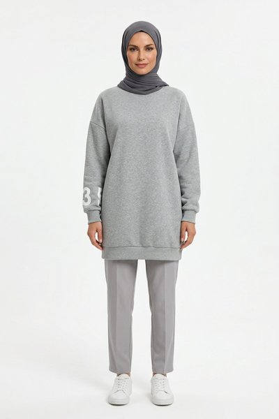 Two-Thread Printed Detail Sweatshirt Tunic - Gray - Shirosa