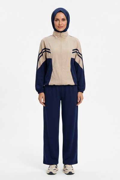 Piping-Detail Modest Co-ord Set - Navy Blue - Shirosa