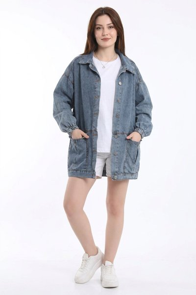 Lacivert Oversize Körüklü Cepli Denim Ceket - Shirosa