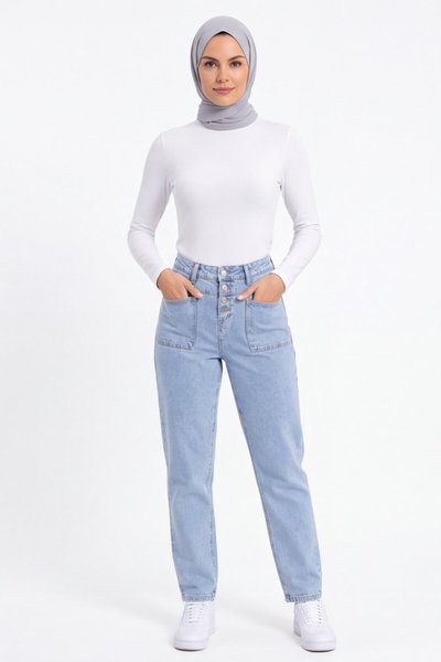 Mom Fit Appliqué Pocket Denim Pants - Blue - Shirosa