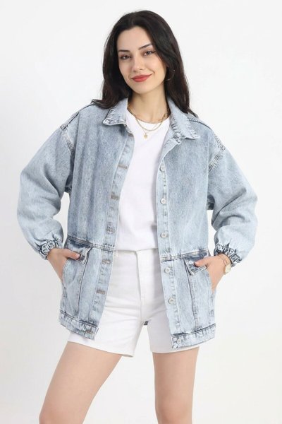 Mavi Oversize Körüklü Cepli Denim Ceket - Shirosa