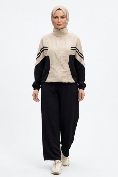 Piping-Detail Modest Co-ord Set - Black - Shirosa