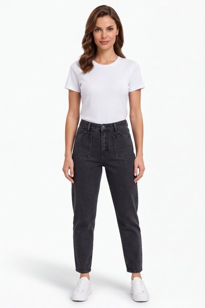 Mom Fit Applique Pocket Denim Pants - Black - Shirosa